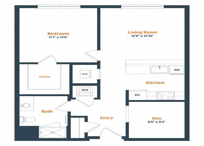 A19D | 1 Bed | 1 Bath | Den floor plan