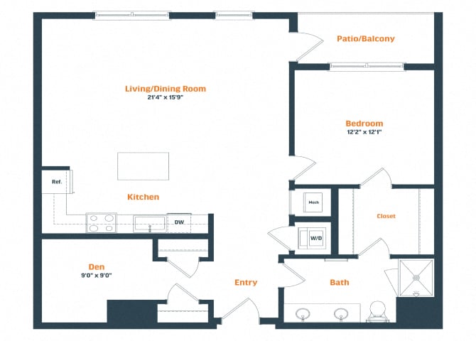 A23D | 1 Bed | 1 Bath | Den floor plan