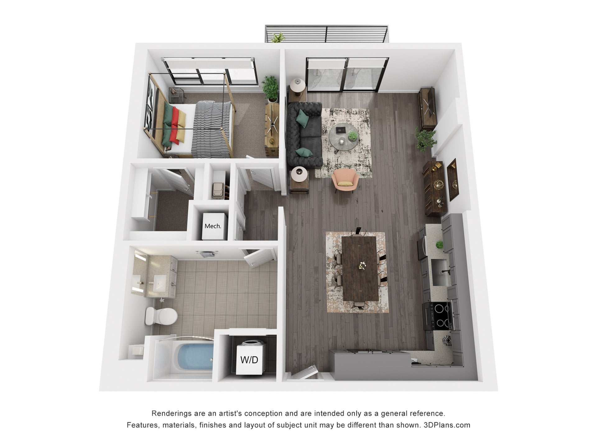Rendering of the A12 floor plan with 1 bedroom[s] and 1 bathroom[s] at Rafferty