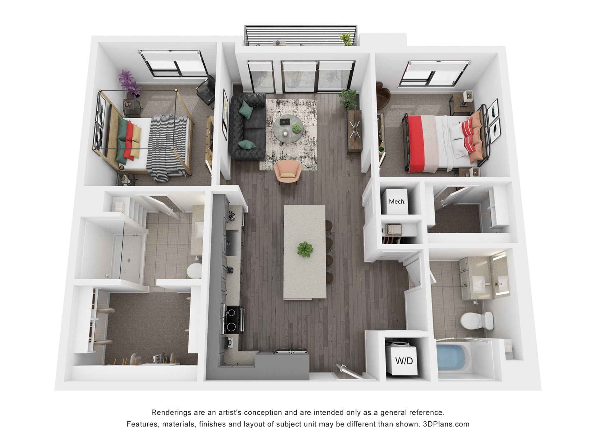 Rendering of the B3 floor plan with 2 bedroom[s] and 2 bathroom[s] at Rafferty