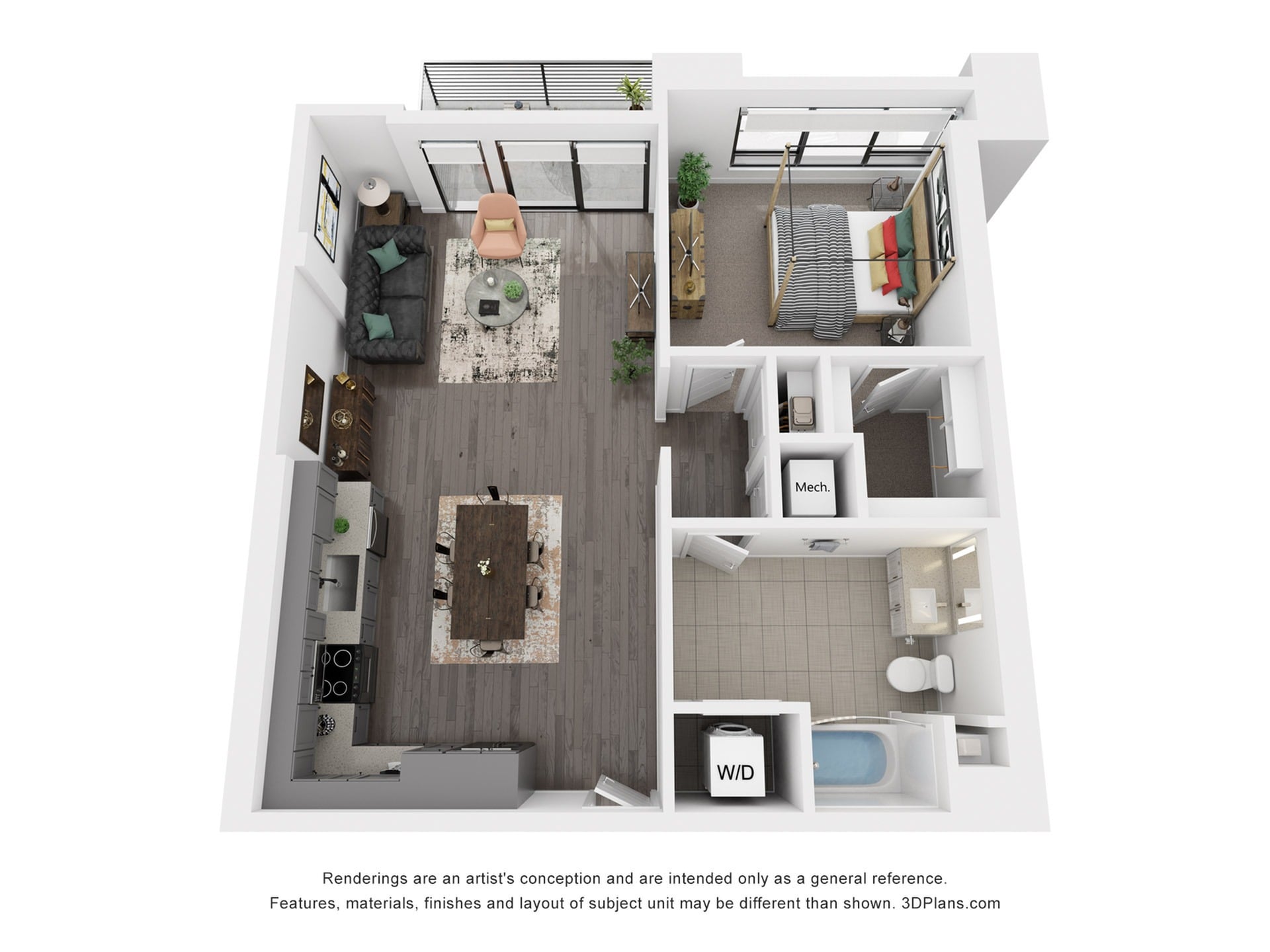 Rendering of the A13 floor plan with 1 bedroom[s] and 1 bathroom[s] at Rafferty