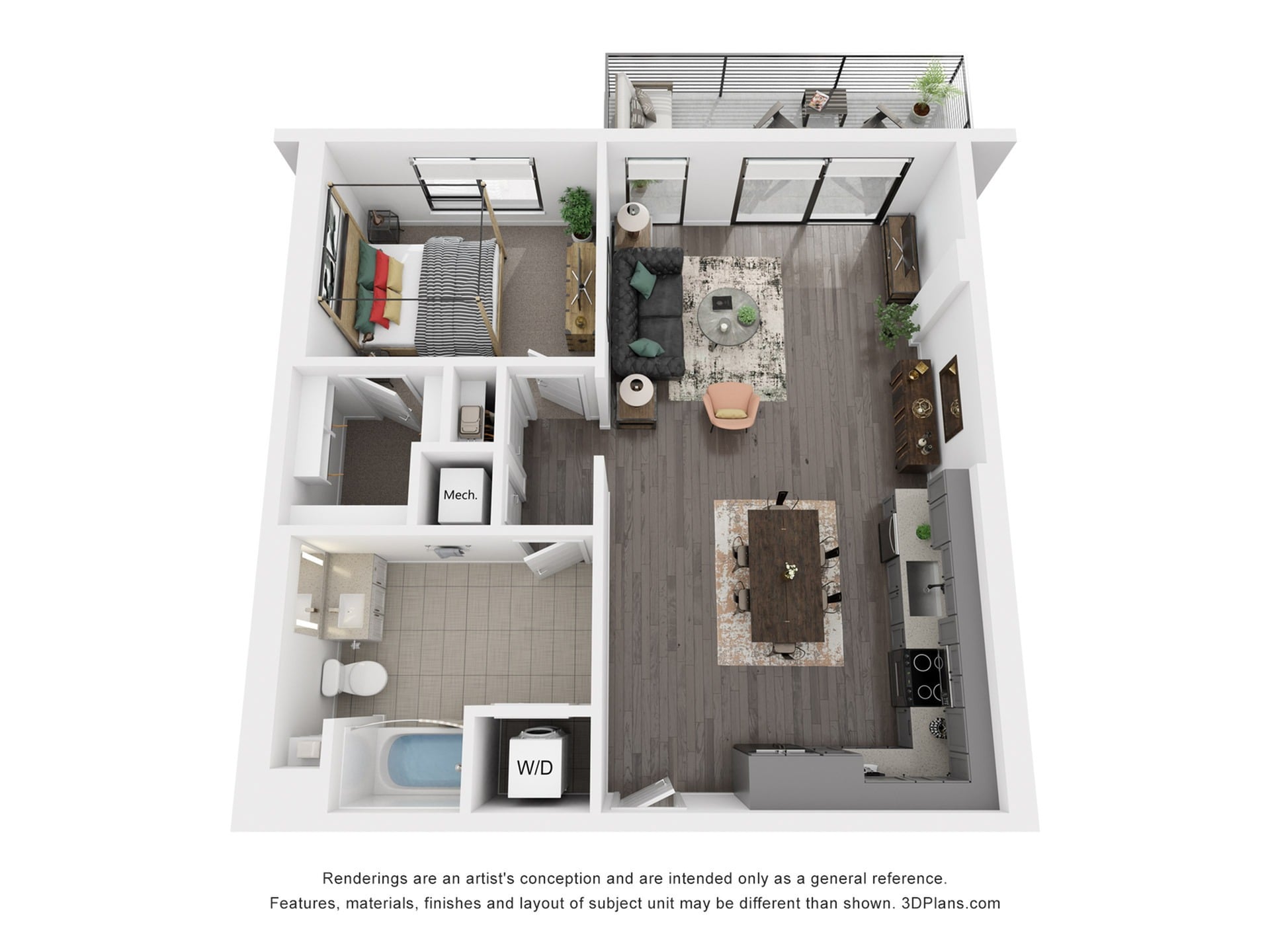 Rendering of the A3 floor plan with 1 bedroom[s] and 1 bathroom[s] at Rafferty