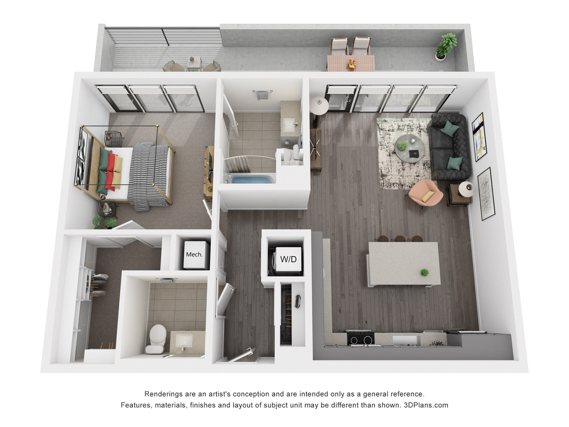Rendering of the A15P floor plan with 1 bedroom[s] and 1 bathroom[s] at Rafferty