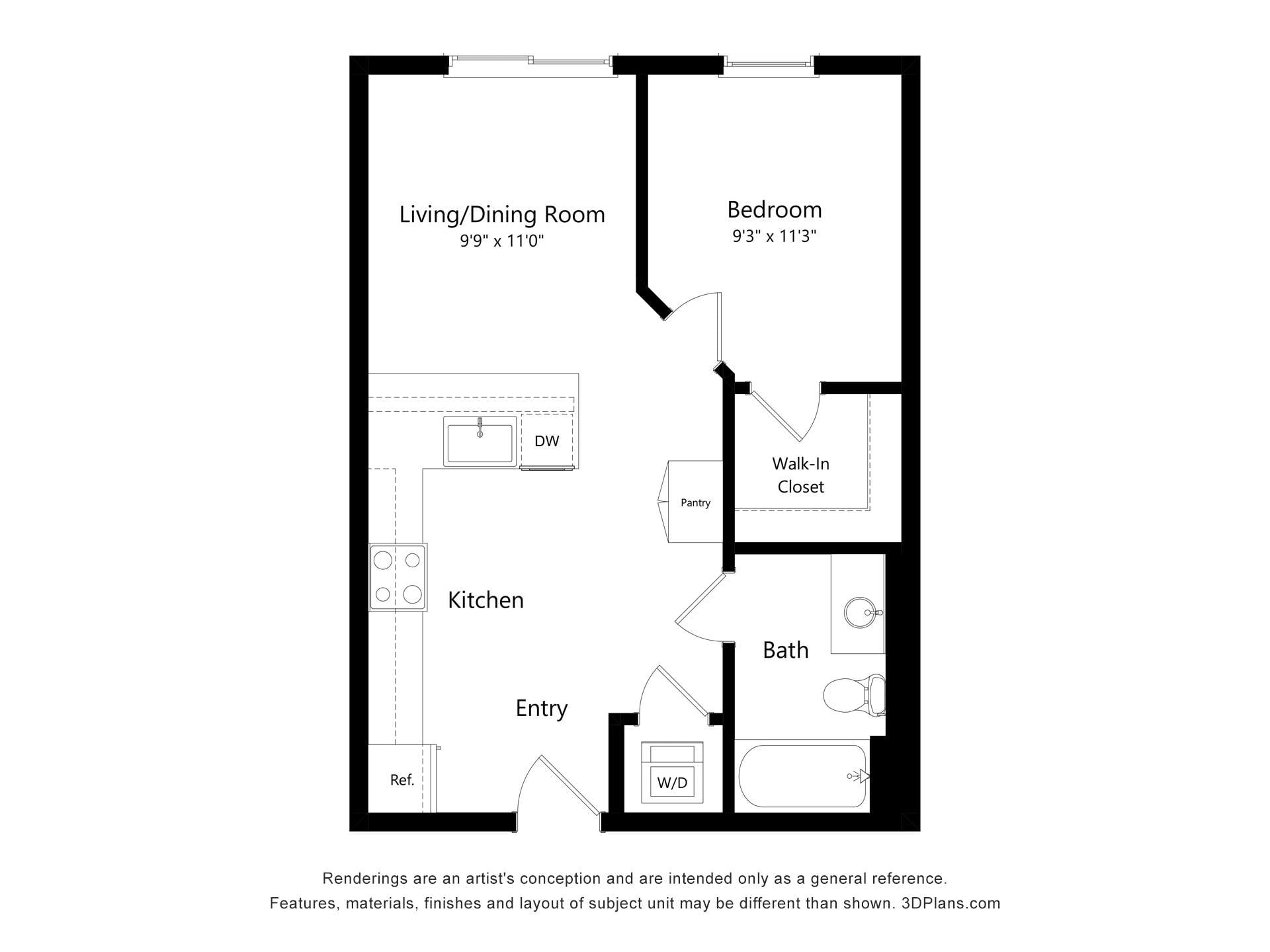 1 Bedroom 1 Bath A MFTE floor plan