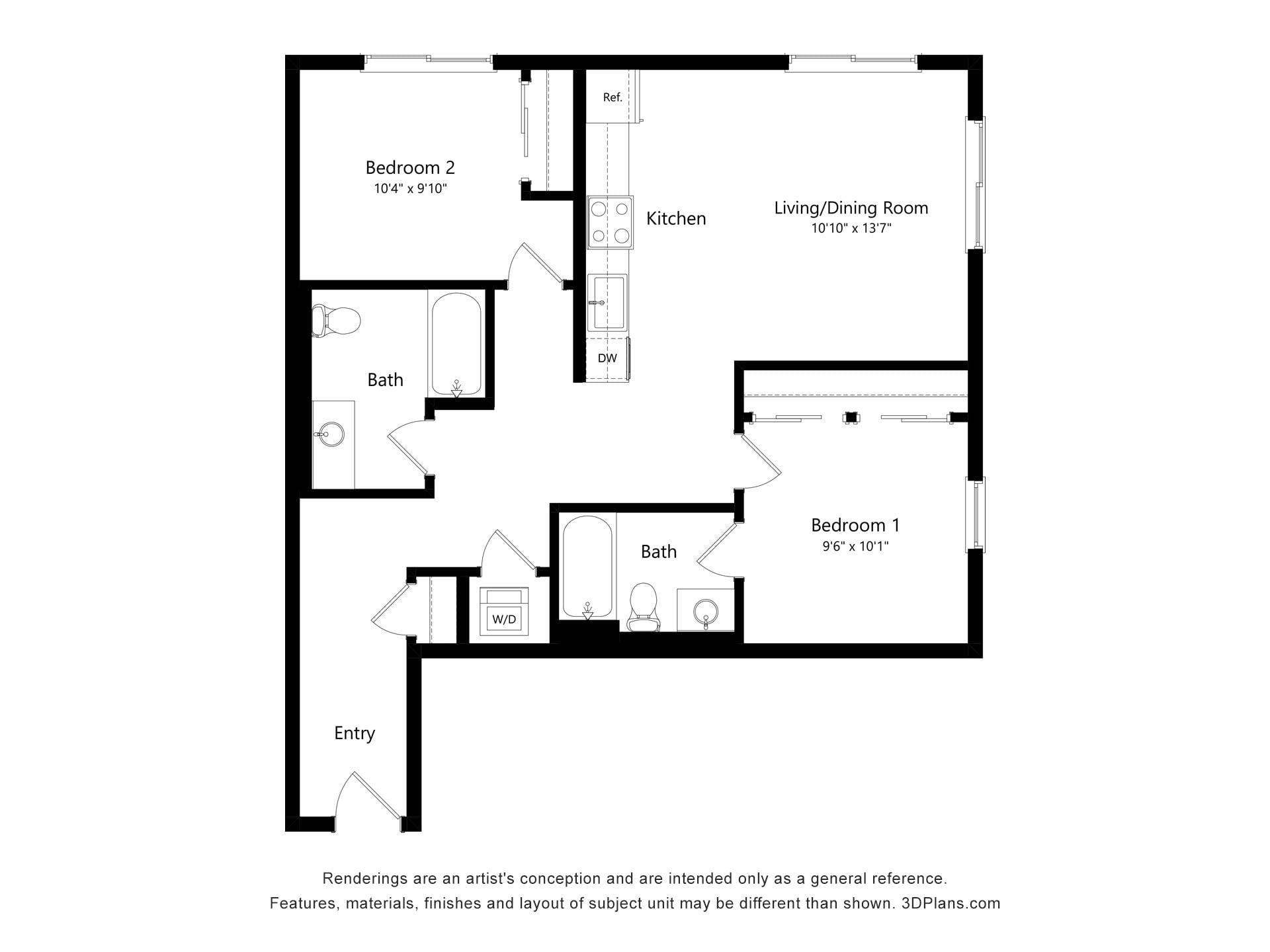 2 Bed 2 Bath K floor plan