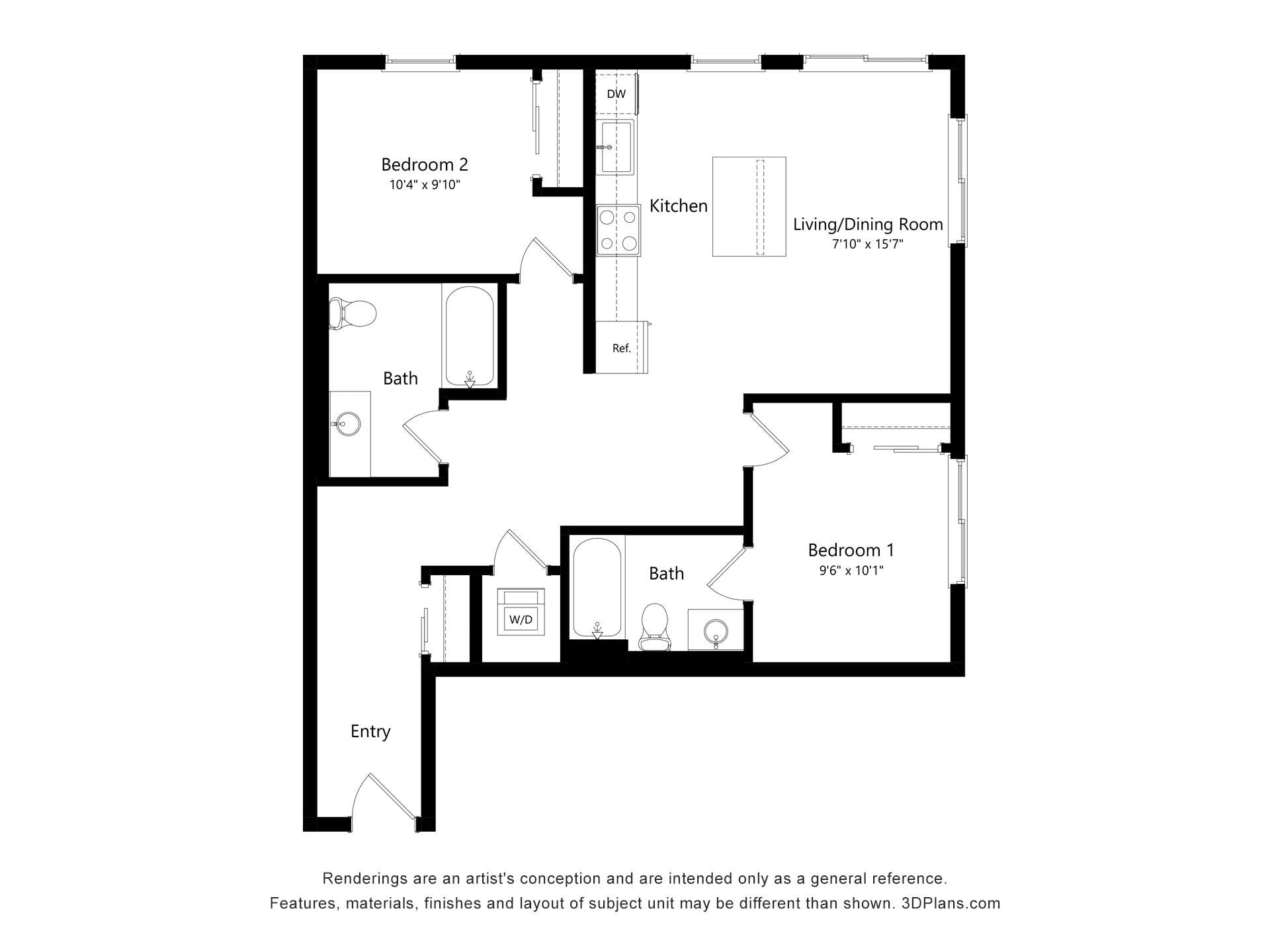 2 Bed 2 Bath J floor plan