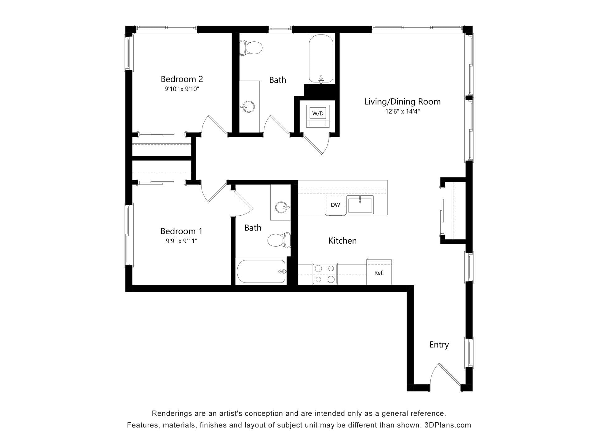 2 Bed 2 Bath A floor plan