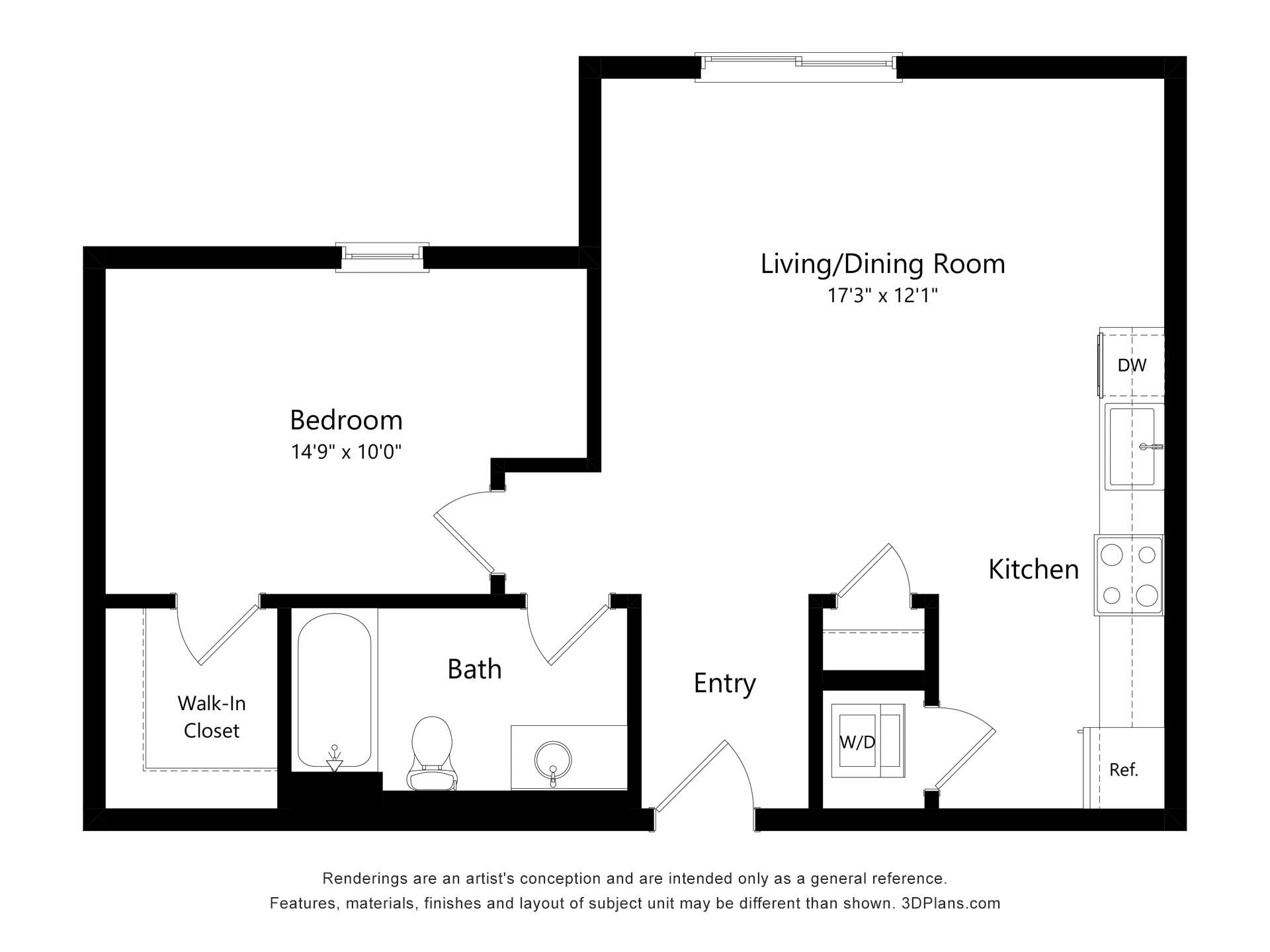 1 Bed 1 Bath K floor plan