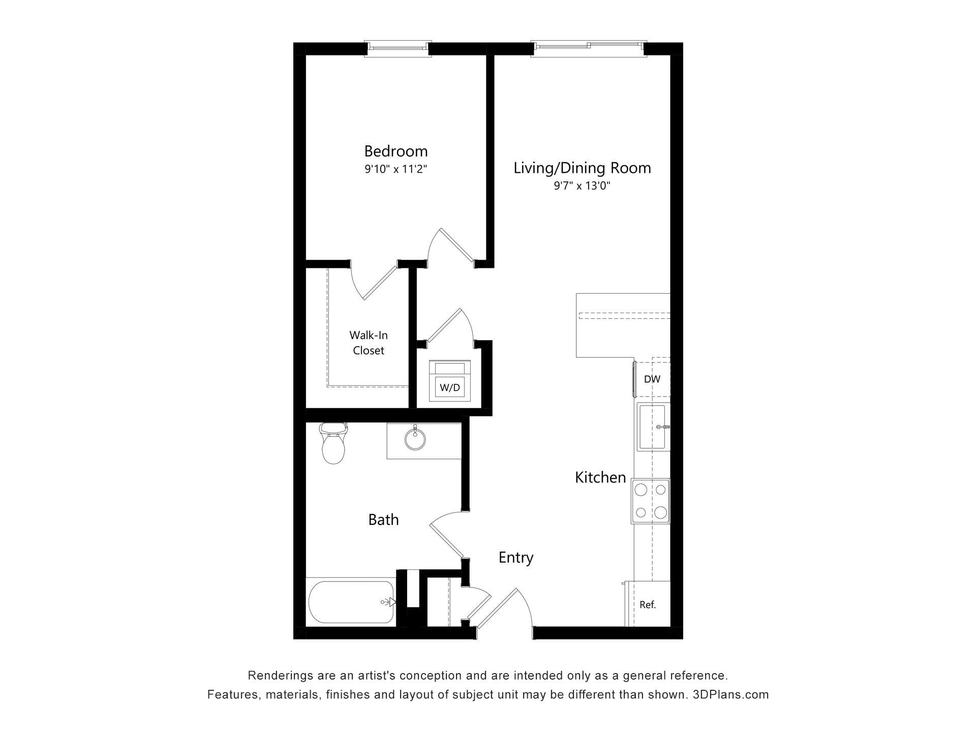 1 Bed 1 Bath E floor plan