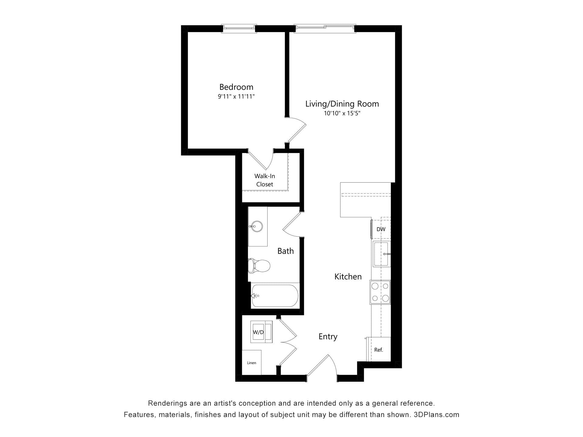 1 Bed 1 Bath Q floor plan