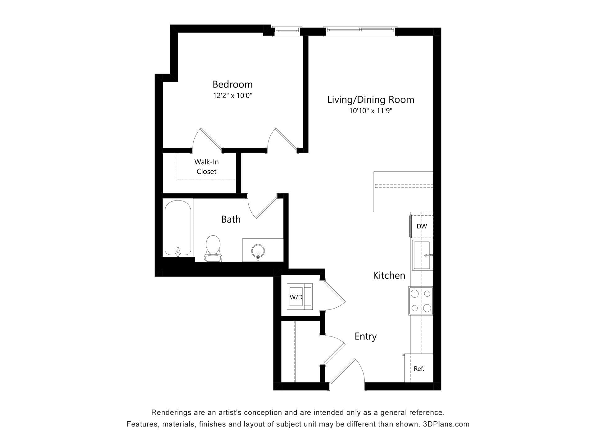 1 Bed 1 Bath J floor plan