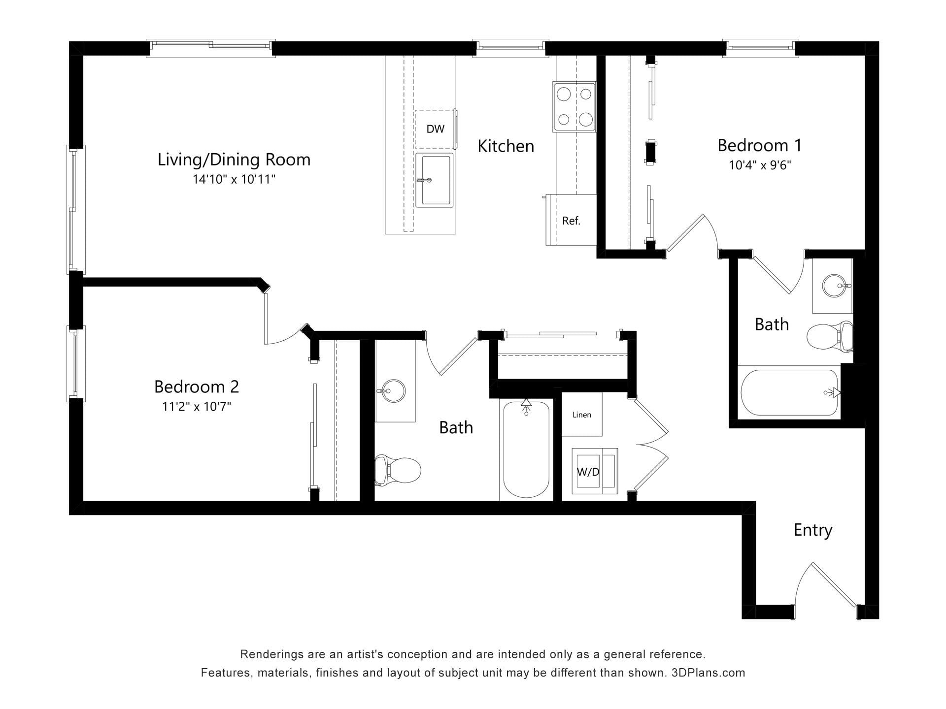 2 Bed 2 Bath E floor plan
