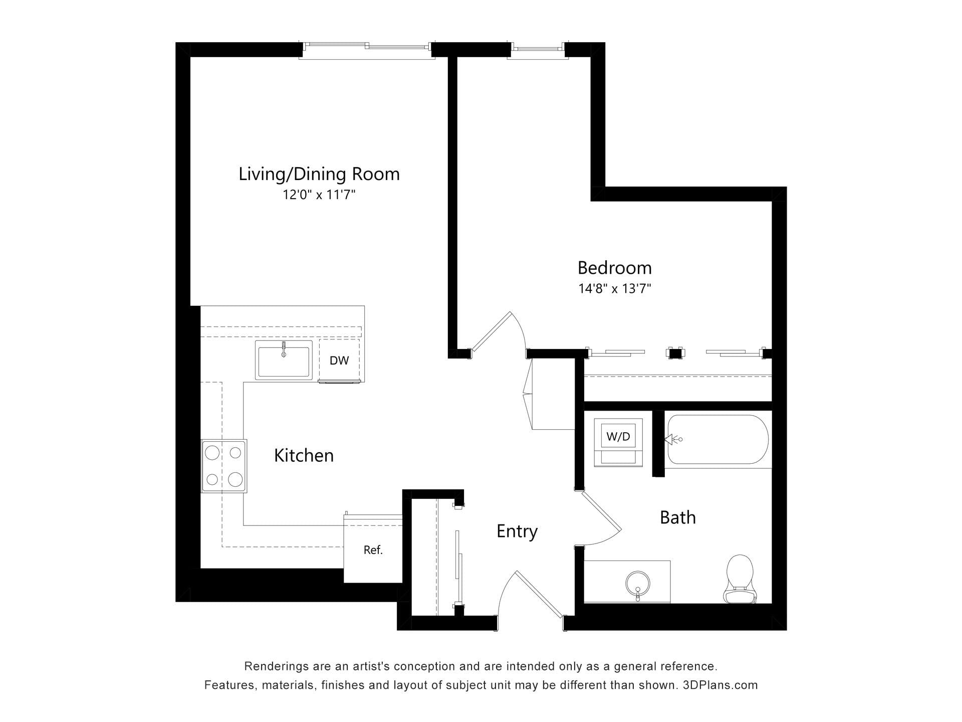 1 Bed 1 Bath N floor plan