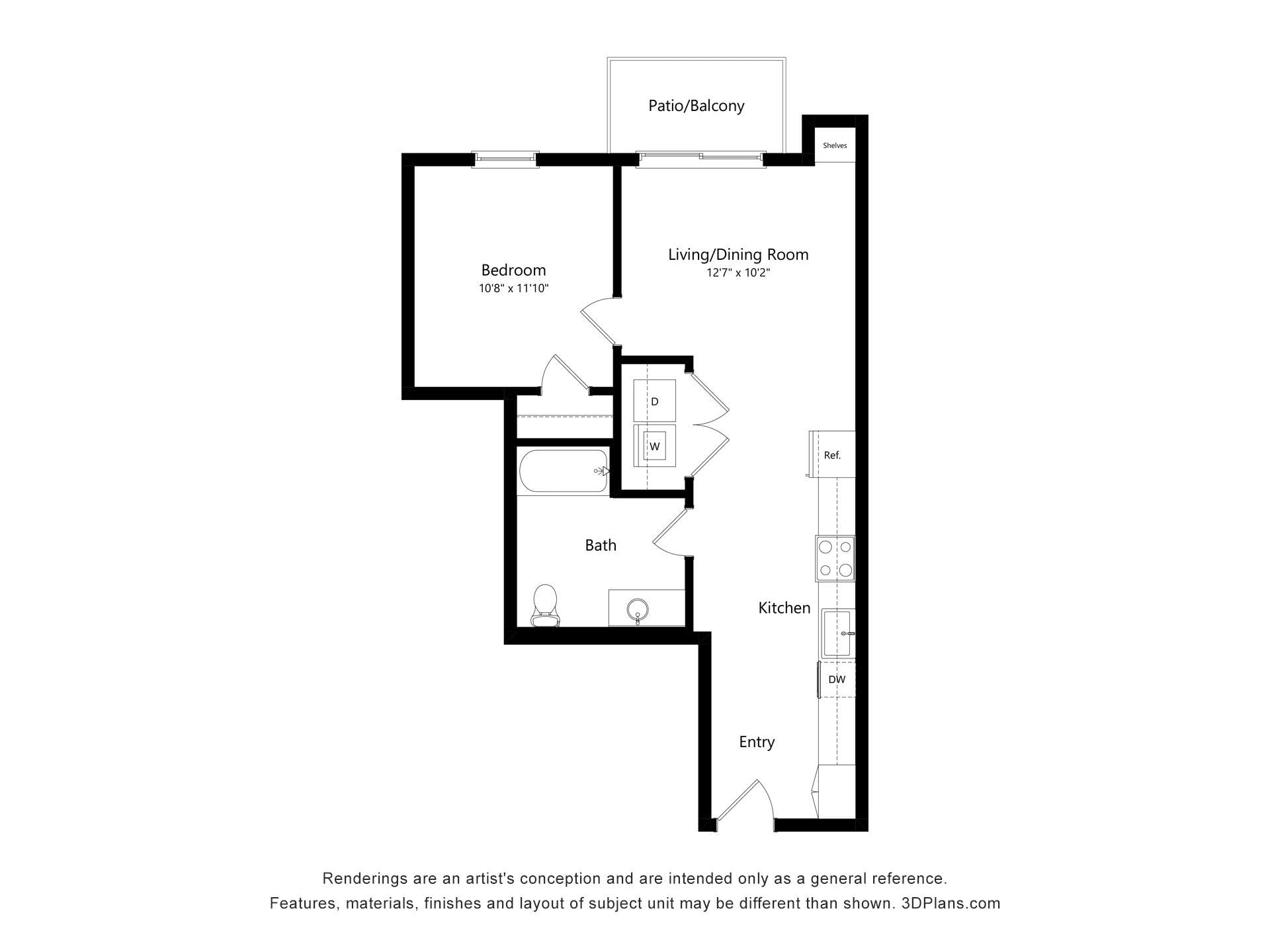 1 Bed 1 Bath S1 ADA floor plan