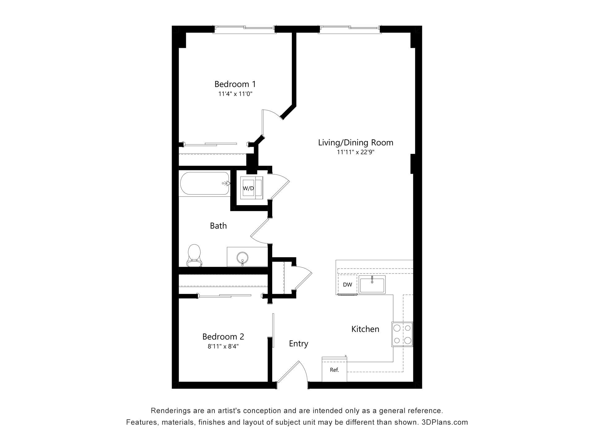 2 Bedroom 1 Bath A MFTE floor plan