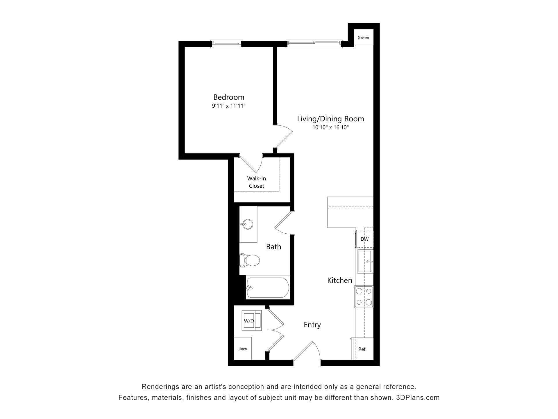 1 Bed 1 Bath P floor plan