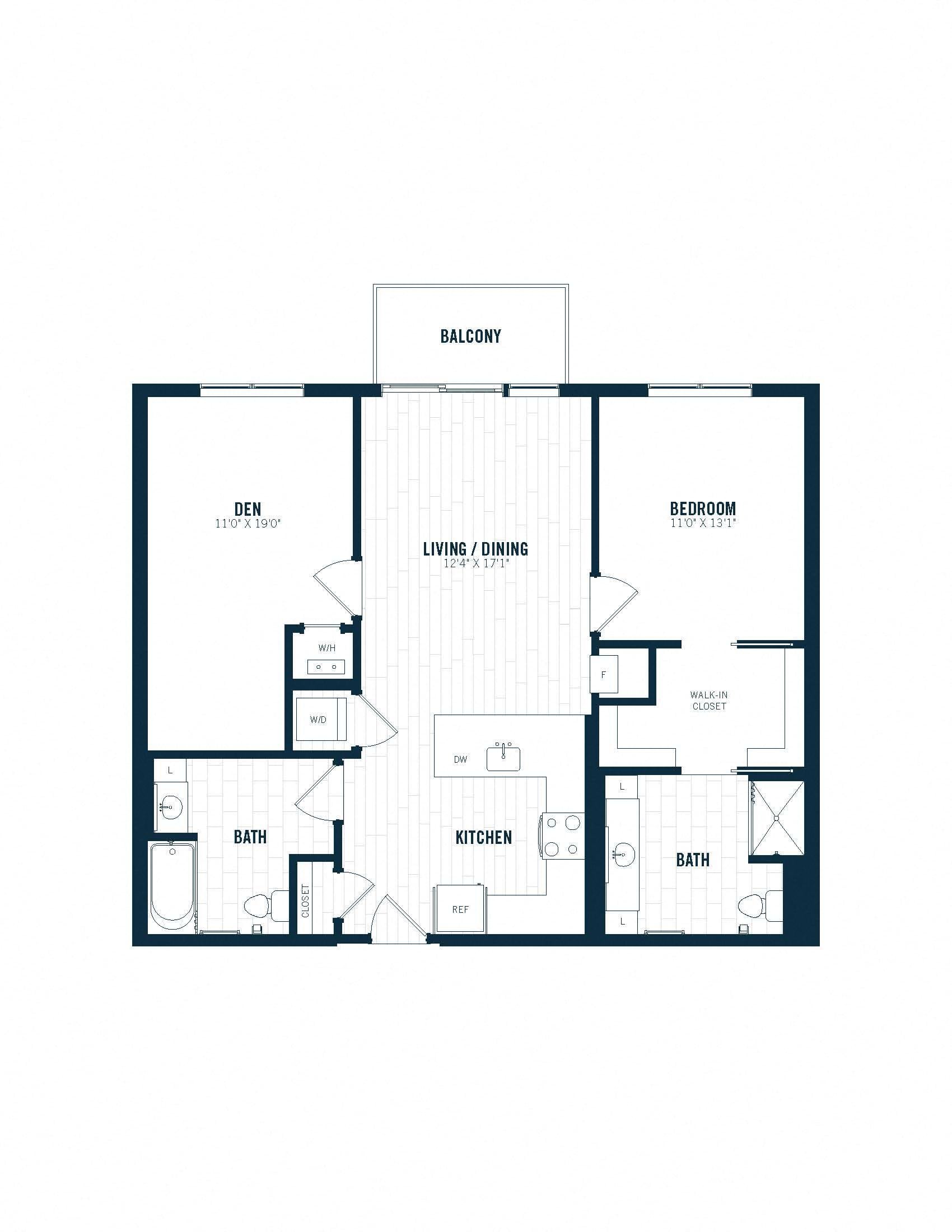 B11D | 1 Bed | 2 Bath | Den floor plan