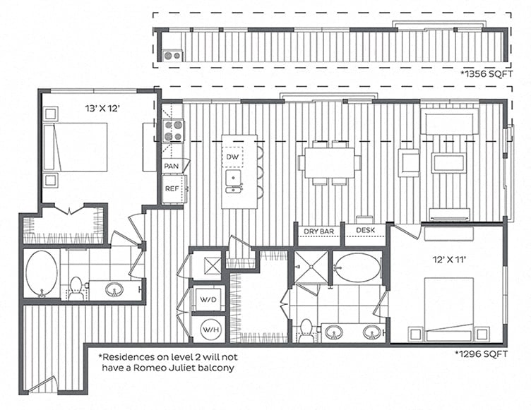 Rendering of the 2K floor plan with 2 bedroom[s] and 2 bathroom[s] at Platt Park by Windsor