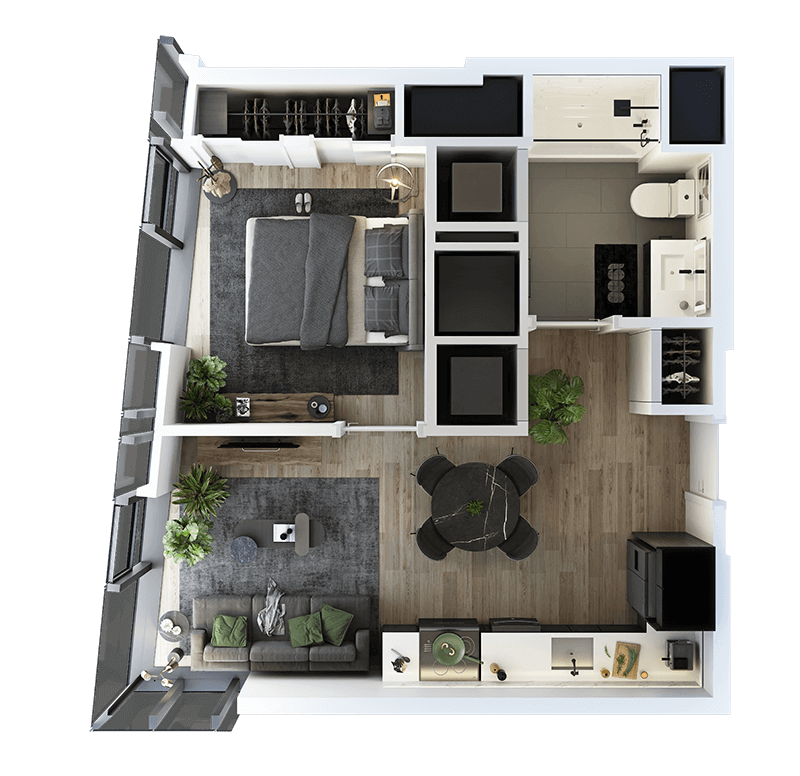 1 Bed-1 Bath-T-2 floor plan