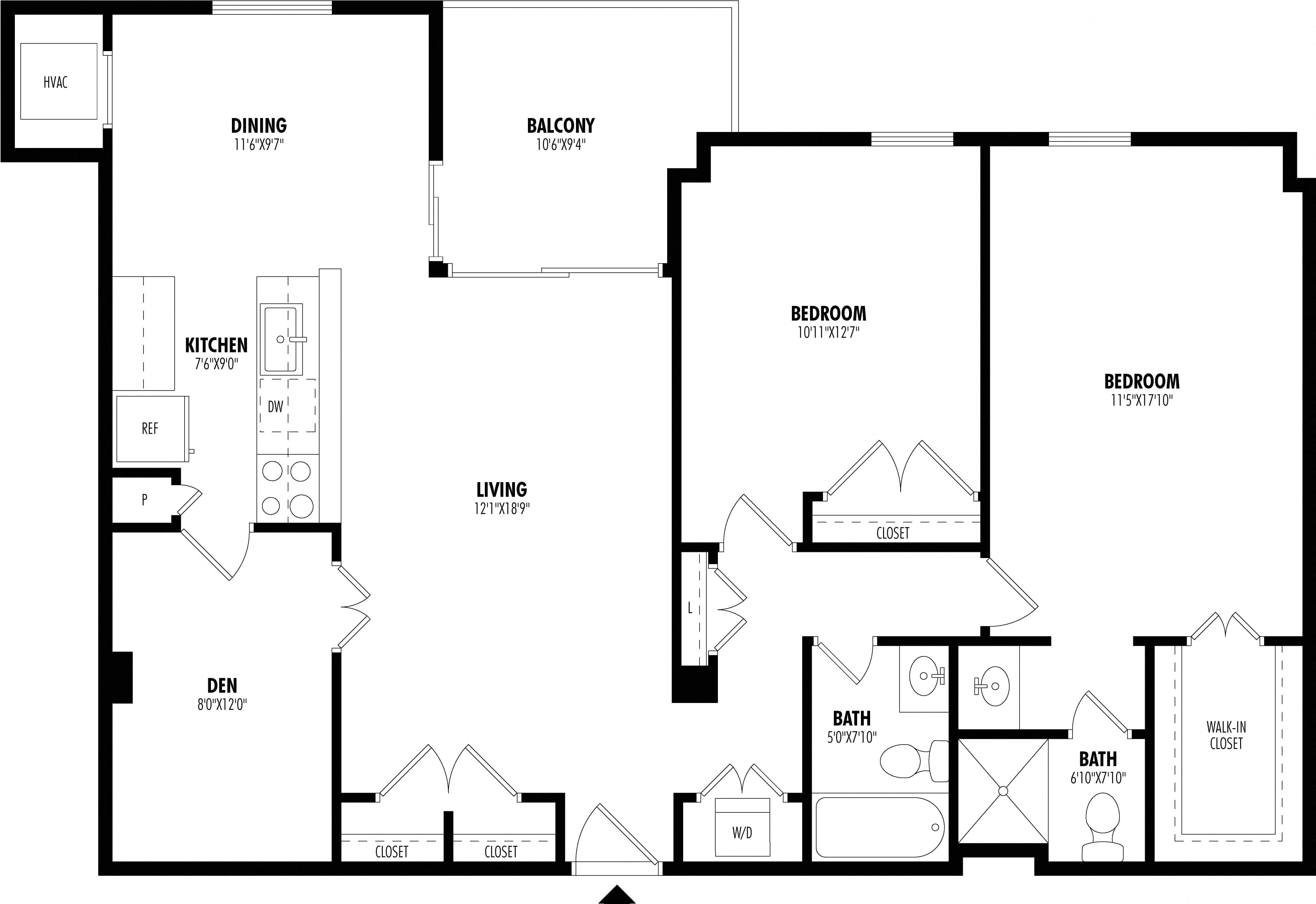 2 Bed/2 Bath Den-B2C floor plan