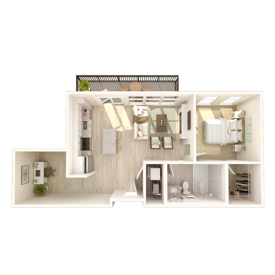 #205 - 1 bedroom floorplan layout with 1 bathroom and 893 square feet