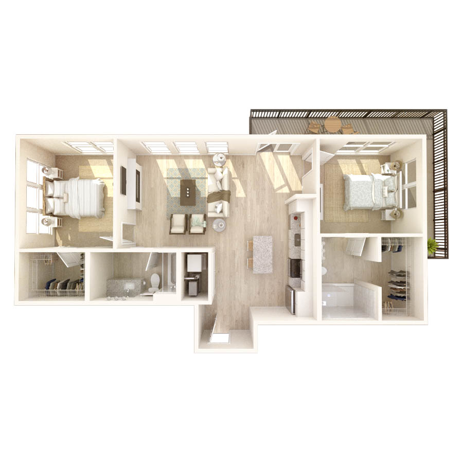 #101 - 2 bedroom floorplan layout with 2 bathrooms and 1291 square feet