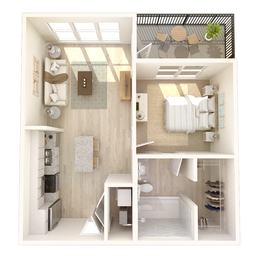 #232 - 1 bedroom floorplan layout with 1 bathroom and 729 square feet