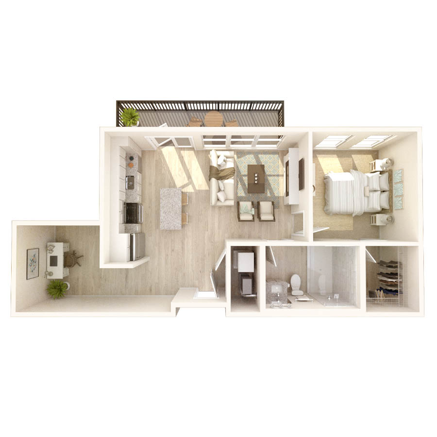 #638 - 1 bedroom floorplan layout with 1 bathroom and 891 square feet