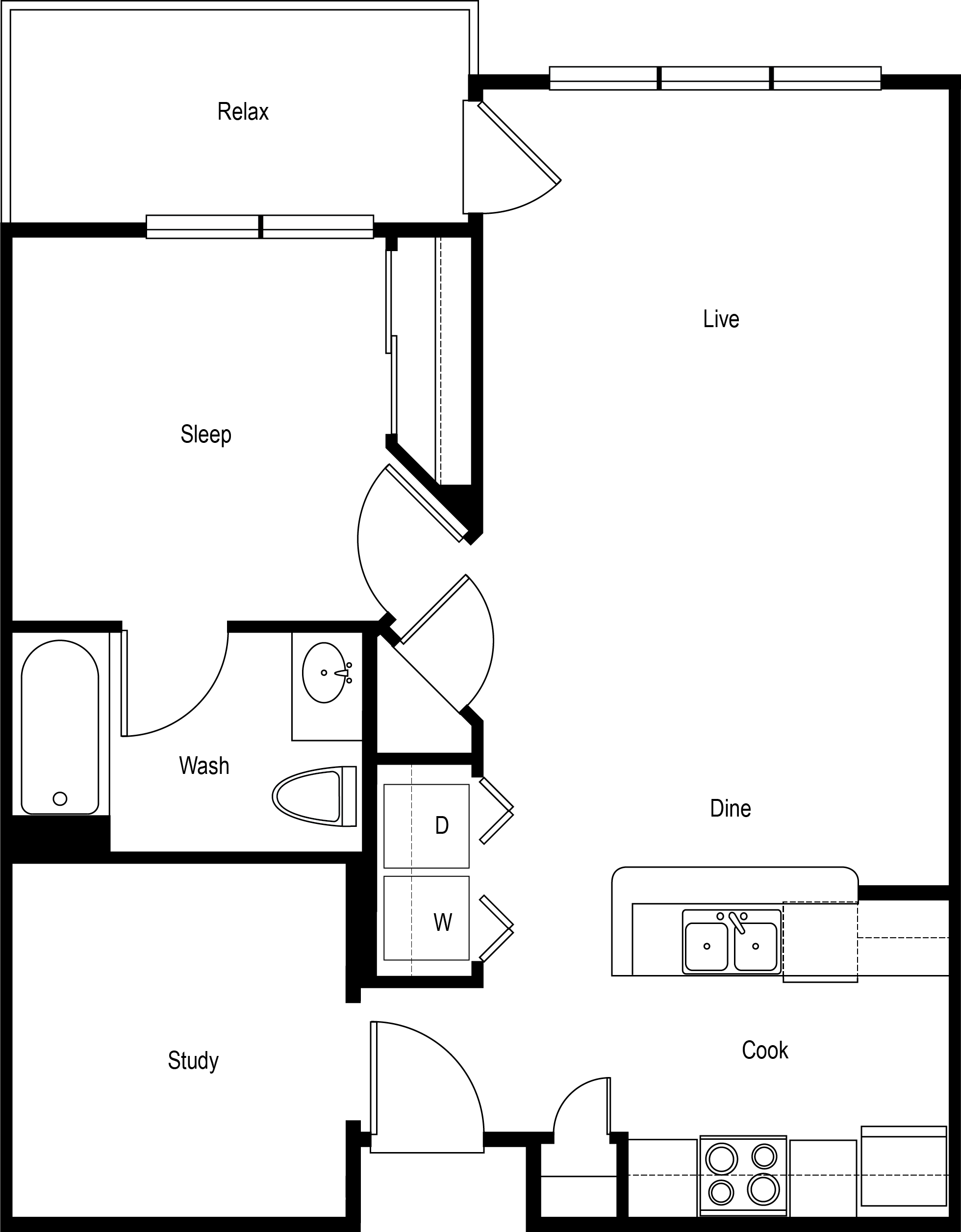 1x1 Den - Standard floor plan