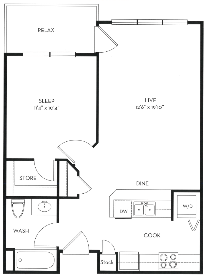 1x1 B - Standard floor plan