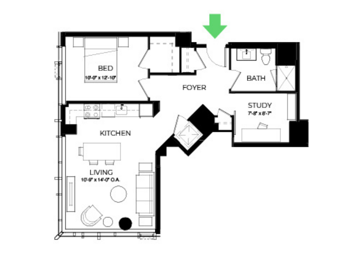 AD16 | 1 Bed | 1 Bath | Den floor plan