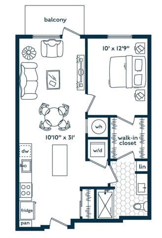 One Bedroom One Bath floor plan