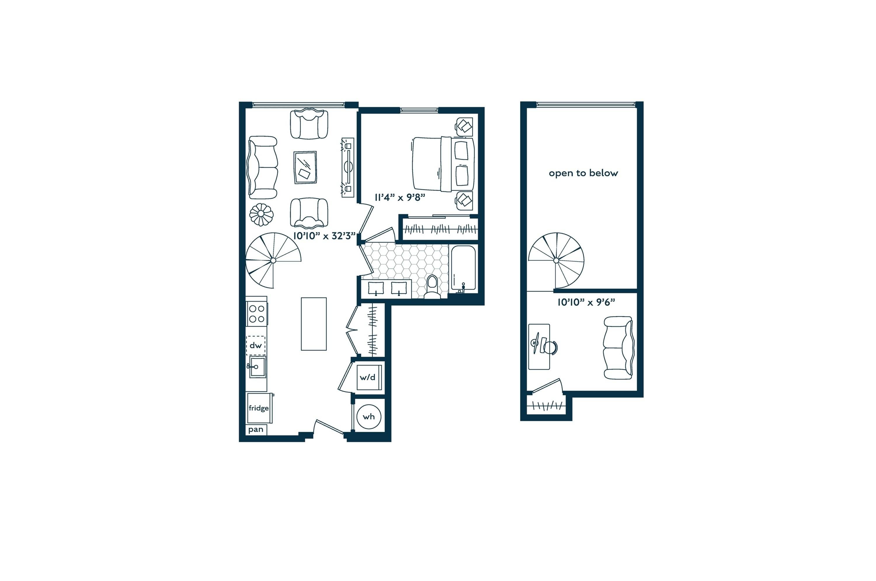 One Bedroom One Bath Loft floor plan