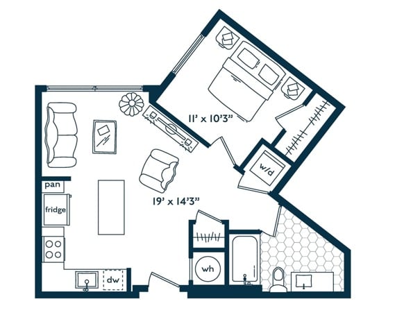 One Bedroom One Bath floor plan