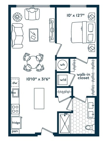 One Bedroom One Bath floor plan