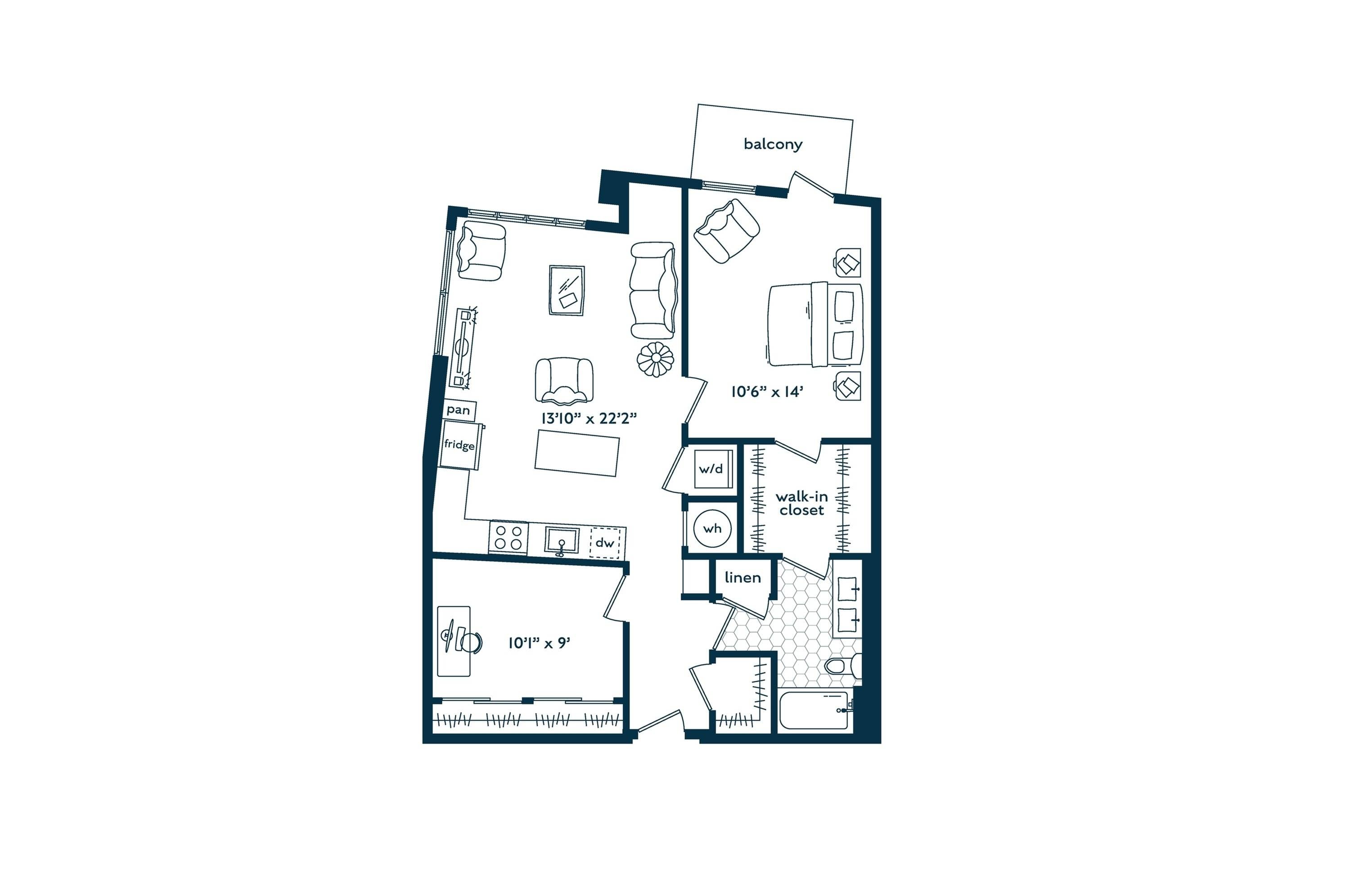 One Bedroom One Bath Den floor plan