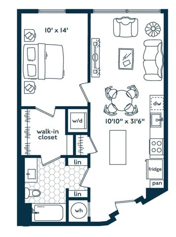 One Bedroom One Bath floor plan