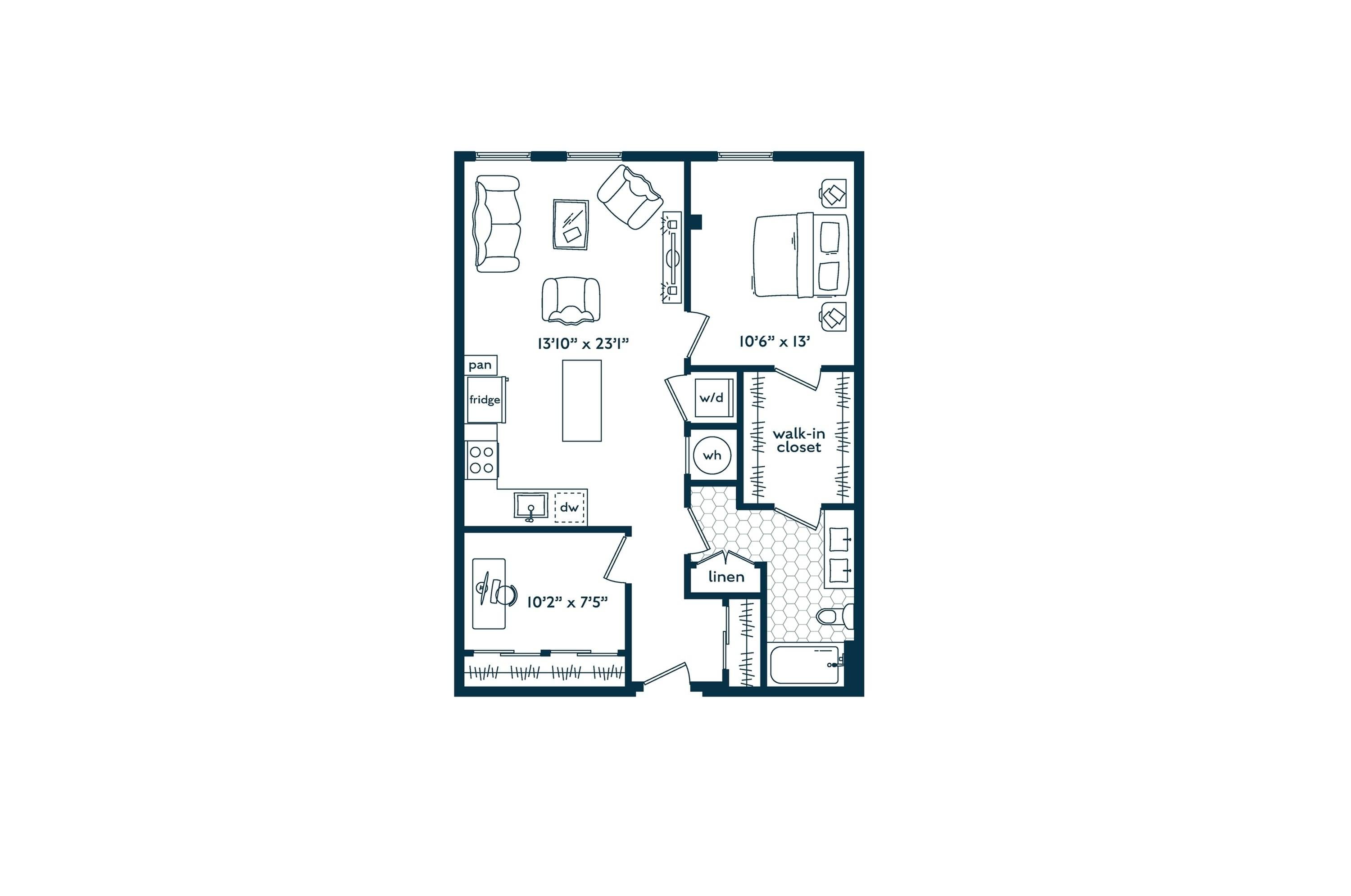 One Bedroom One Bath Den floor plan
