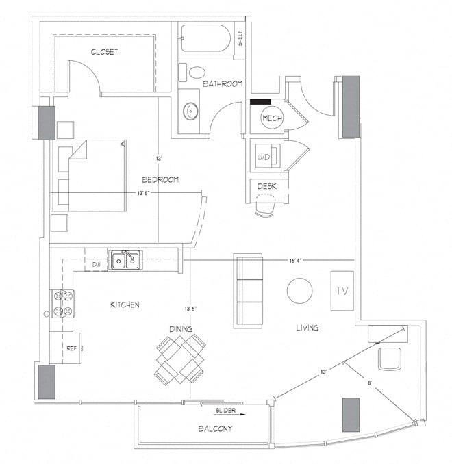 Rendering of the A13 floor plan with 1 bedroom[s] and 1 bathroom[s] at Glass House by Windsor