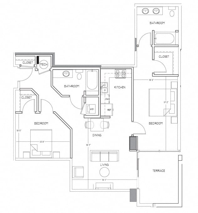 Rendering of the B15 floor plan with 2 bedroom[s] and 2 bathroom[s] at Glass House by Windsor