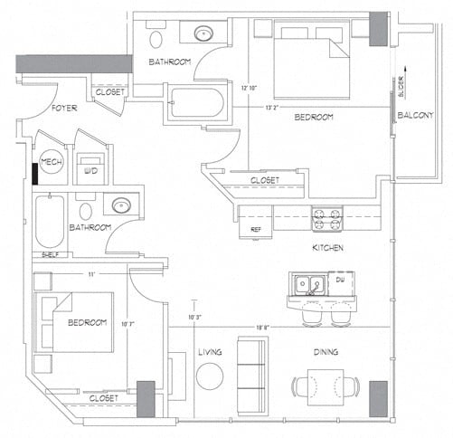 Rendering of the B2 floor plan with 2 bedroom[s] and 2 bathroom[s] at Glass House by Windsor