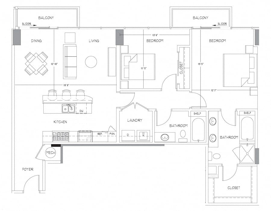 Rendering of the PH1 floor plan with 2 bedroom[s] and 2 bathroom[s] at Glass House by Windsor
