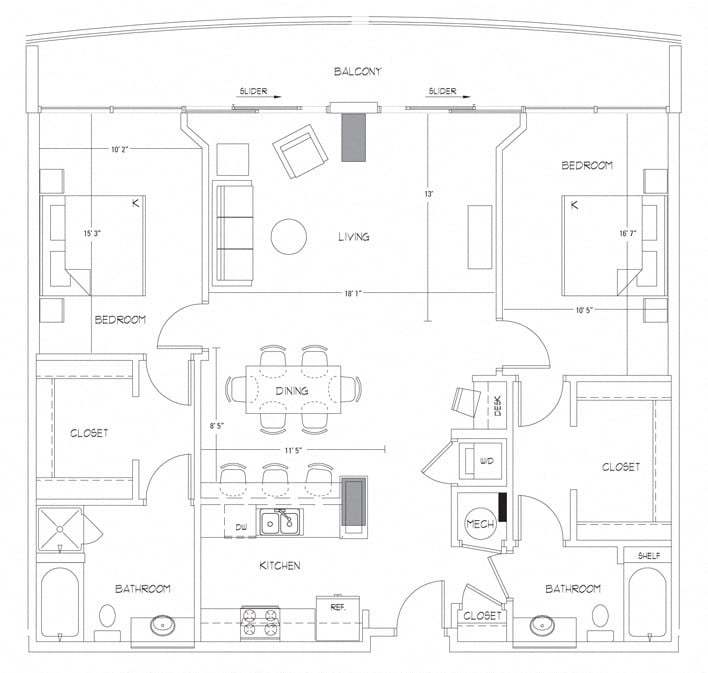 Rendering of the B12 floor plan with 2 bedroom[s] and 2 bathroom[s] at Glass House by Windsor