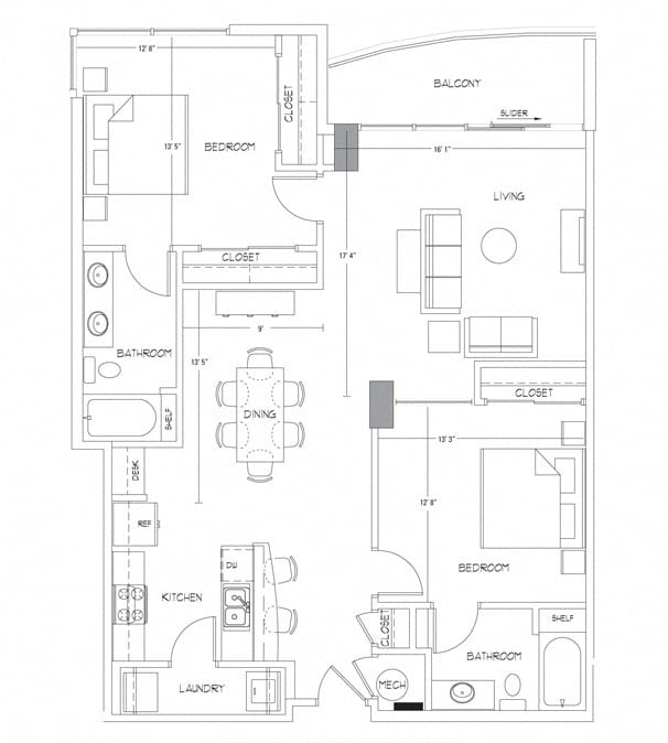 Rendering of the B7 floor plan with 2 bedroom[s] and 2 bathroom[s] at Glass House by Windsor