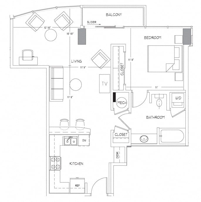 Rendering of the A6 floor plan with 1 bedroom[s] and 1 bathroom[s] at Glass House by Windsor