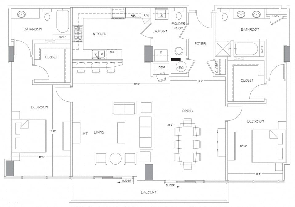 Rendering of the PH4 floor plan with 2 bedroom[s] and 2.5 bathroom[s] at Glass House by Windsor