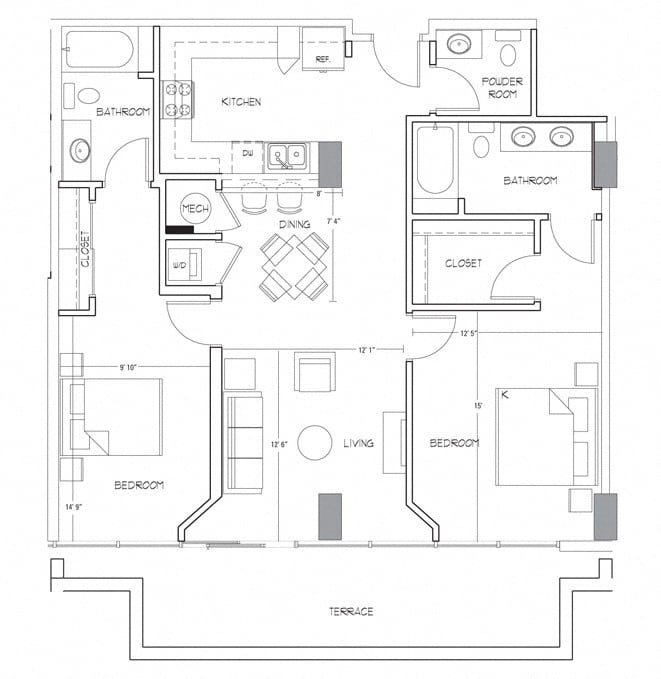 Rendering of the B8 floor plan with 2 bedroom[s] and 2 bathroom[s] at Glass House by Windsor