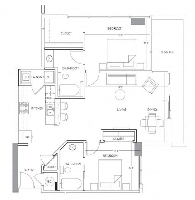 Rendering of the B4 floor plan with 2 bedroom[s] and 2 bathroom[s] at Glass House by Windsor