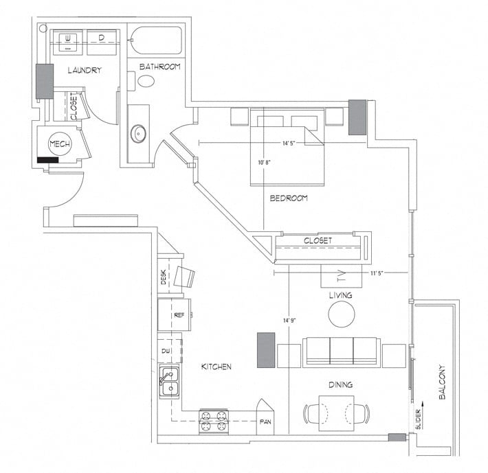 Rendering of the A8 floor plan with 1 bedroom[s] and 1 bathroom[s] at Glass House by Windsor