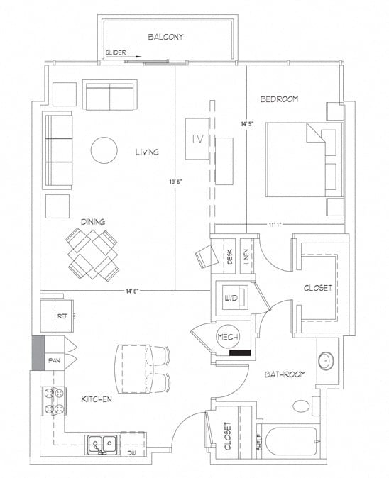 Rendering of the A11 floor plan with 1 bedroom[s] and 1 bathroom[s] at Glass House by Windsor